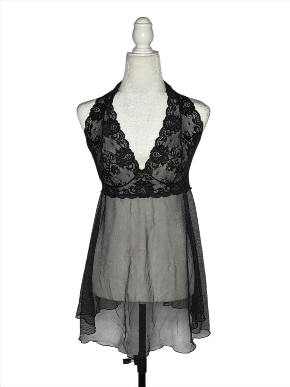 Victoria's Secret Black Lace Sheer Mesh Halter Babydoll Lingerie Nightgown Size